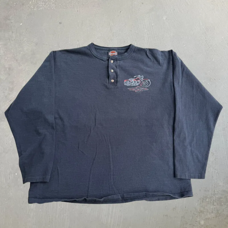 J- Vintage '95 Harley Davidson San Antonio Made In USA Single Stitch Henley Long Sleeve Tee - XL made by Harley-Davidson
