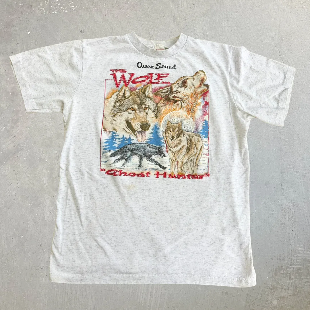 J- Vintage Owen Sound Wolf Ghost Hunter Graphic Single Stitch Tee - L sold by HG Vintage