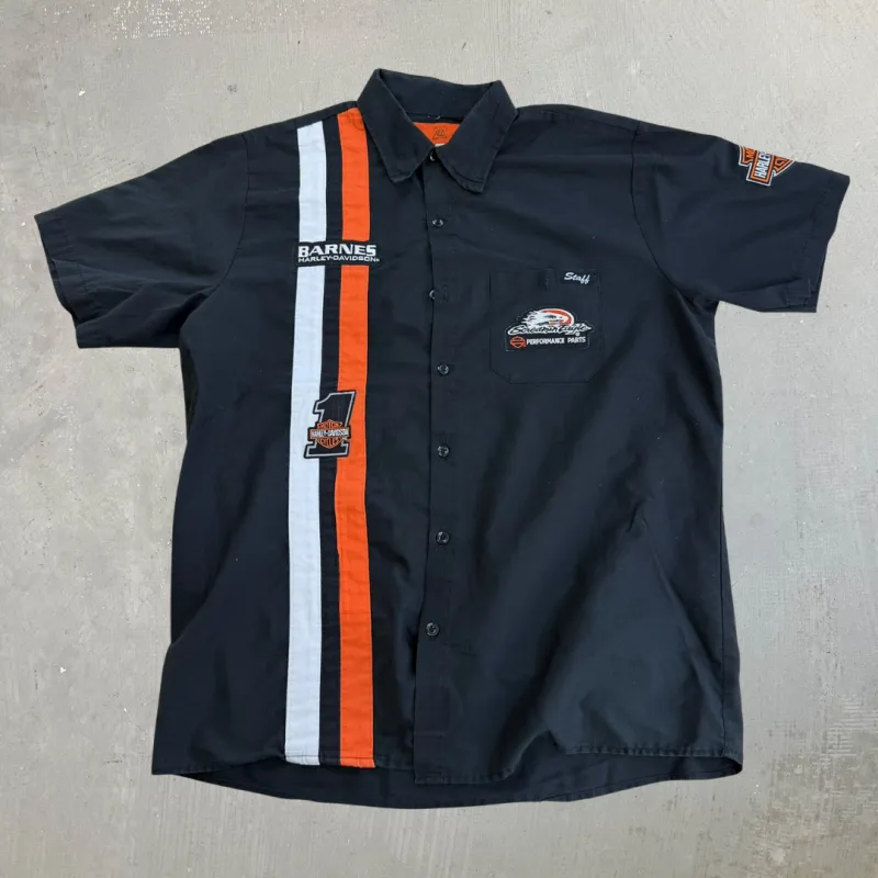 J- Vintage Harley Davidson Barnes Staff Short Sleeve Button Down - L made by Harley-Davidson