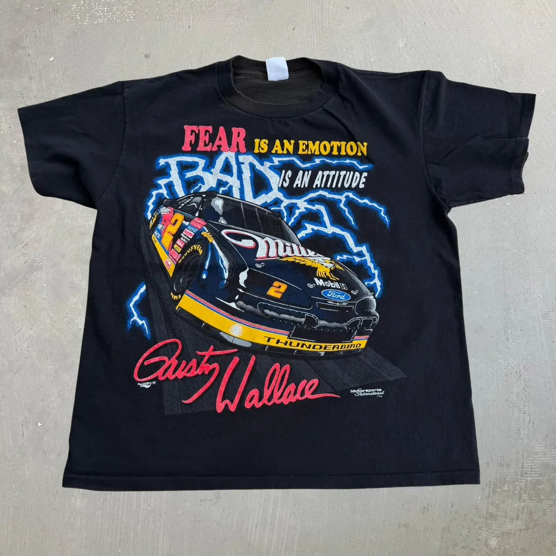 J- Vintage '95 Nascar Dusty Wallace Attitude Care & Lightning Made In USA Single Stitch Tee - L sold by HG Vintage