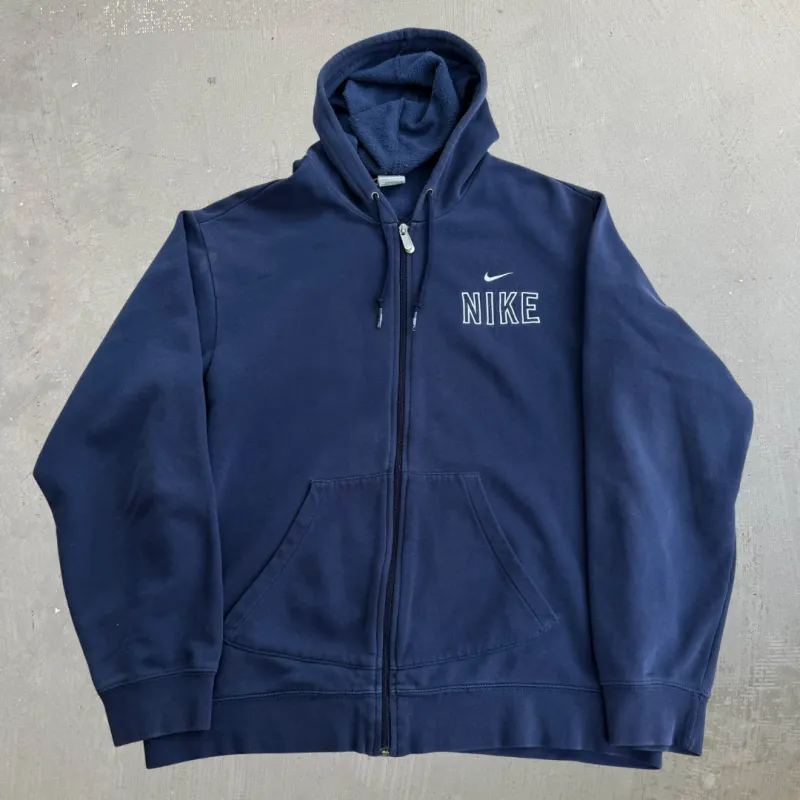 J- Vintage Nike Embroidered Text & Swoosh Navy Zip Up Hoodie - L made by HG Vintage