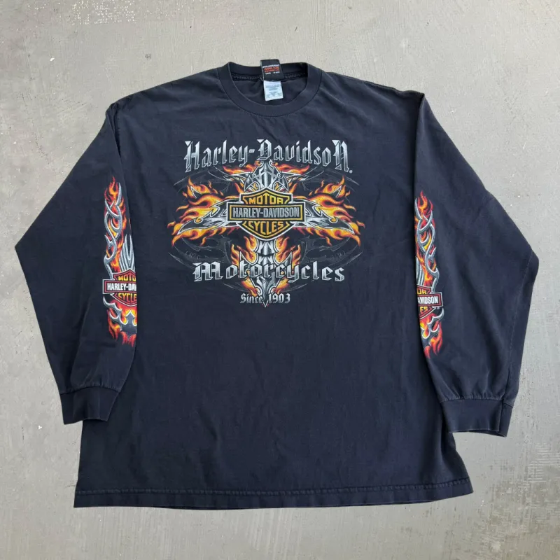 J- Vintage '08 Harley Davidson Saskatoon Flame Graphic Long Sleeve Tee - XL made by Harley-Davidson
