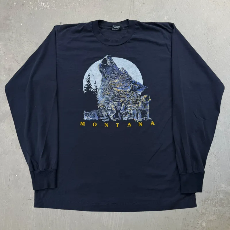 J- Vintage '91 Montana Wolves & Moon Graphic Made In USA Long Sleeve Tee - L made by HG Vintage