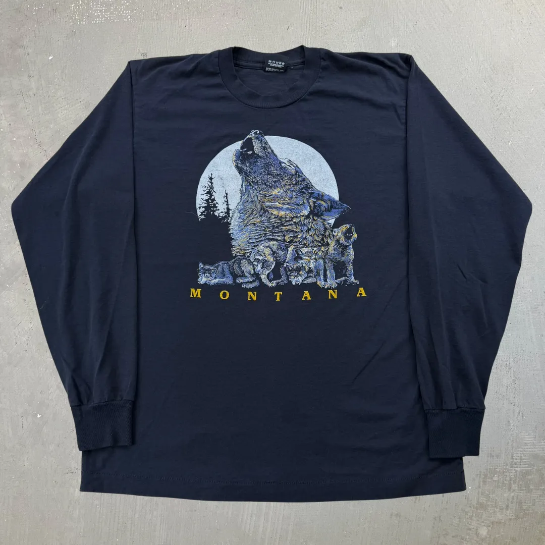 J- Vintage '91 Montana Wolves & Moon Graphic Made In USA Long Sleeve Tee - L sold by HG Vintage