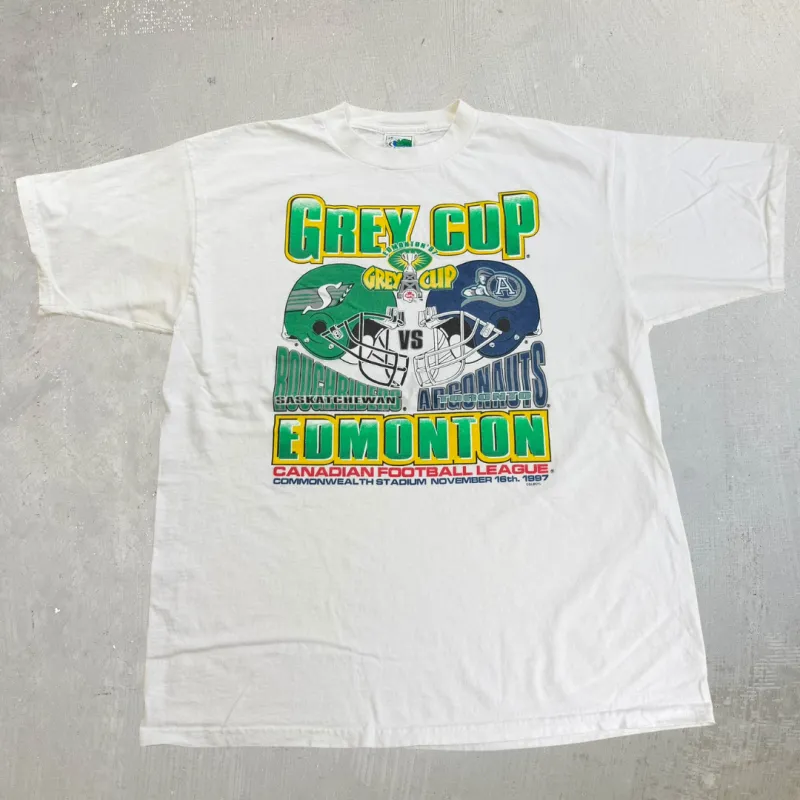 J- Vintage '97 Saskatchewan Roughriders Vs Toronto Argonauts CFL Grey Cup Graphic Tee - XL made by HG Vintage