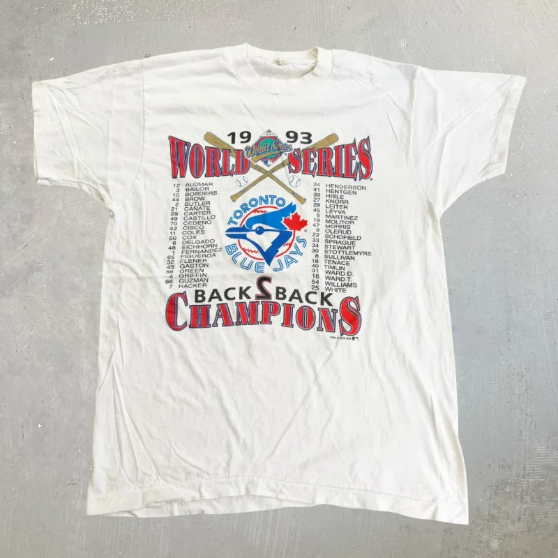 J- Vintage '93 Toronto Blue Jays World Series Back 2 Back Champions MLB Single Stitch Tee - XL made by HG Vintage
