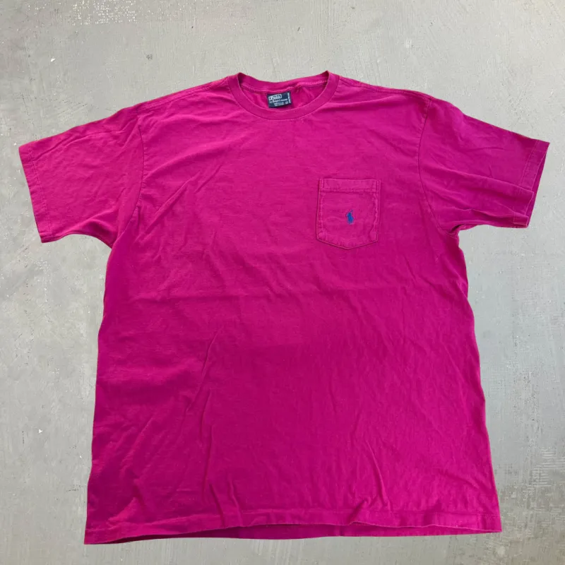 J- Vintage Polo Ralph Lauren Embroidered Logo Made In USA Single Stitch Pocket Pink Tee - L made by HG Vintage