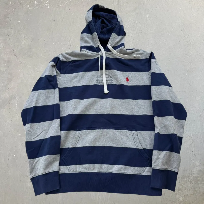 J- Vintage Polo Ralph Lauren Embroidered Logo Navy Grey Striped Henley Hoodie - L made by HG Vintage