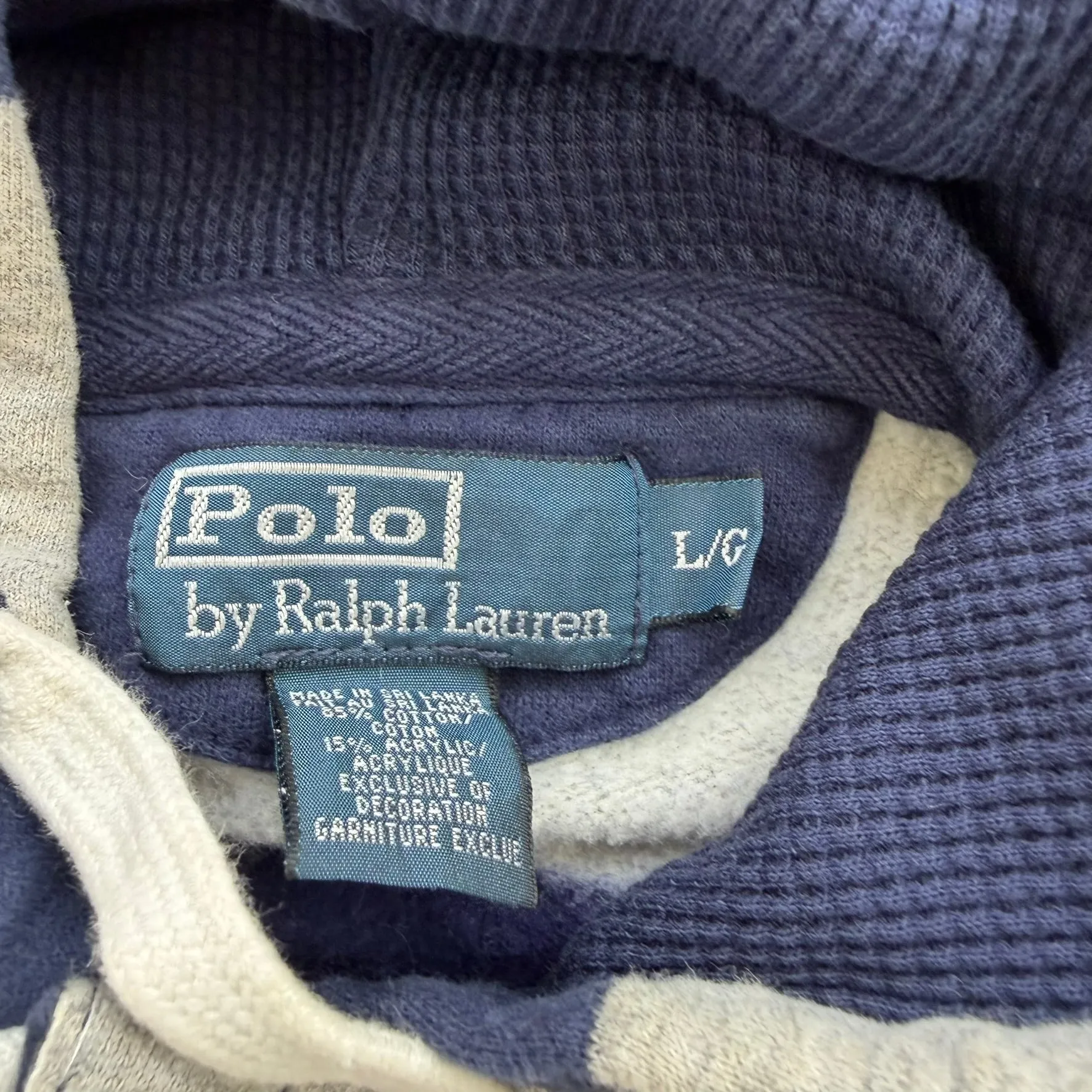 J- Vintage Polo Ralph Lauren Embroidered Logo Navy Grey Striped Henley Hoodie - L sold by HG Vintage product image thumbnail 3