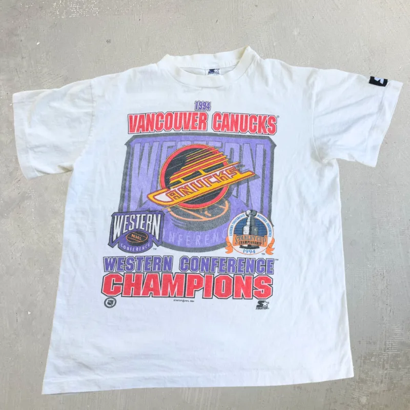 J- Vintage '94 Vancouver Canucks NHL Starter Western Conference Champions Single Stitch Tee - S made by HG Vintage