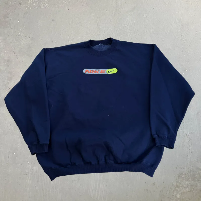J- Vintage Nike Text & Swoosh Graphic Navy Crewneck - XL made by HG Vintage