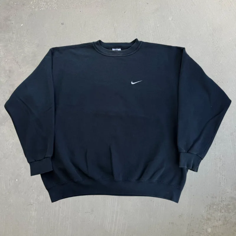 J- Vintage 90s Nike Embroidered Swoosh Made In USA Black Crewneck - XL made by HG Vintage
