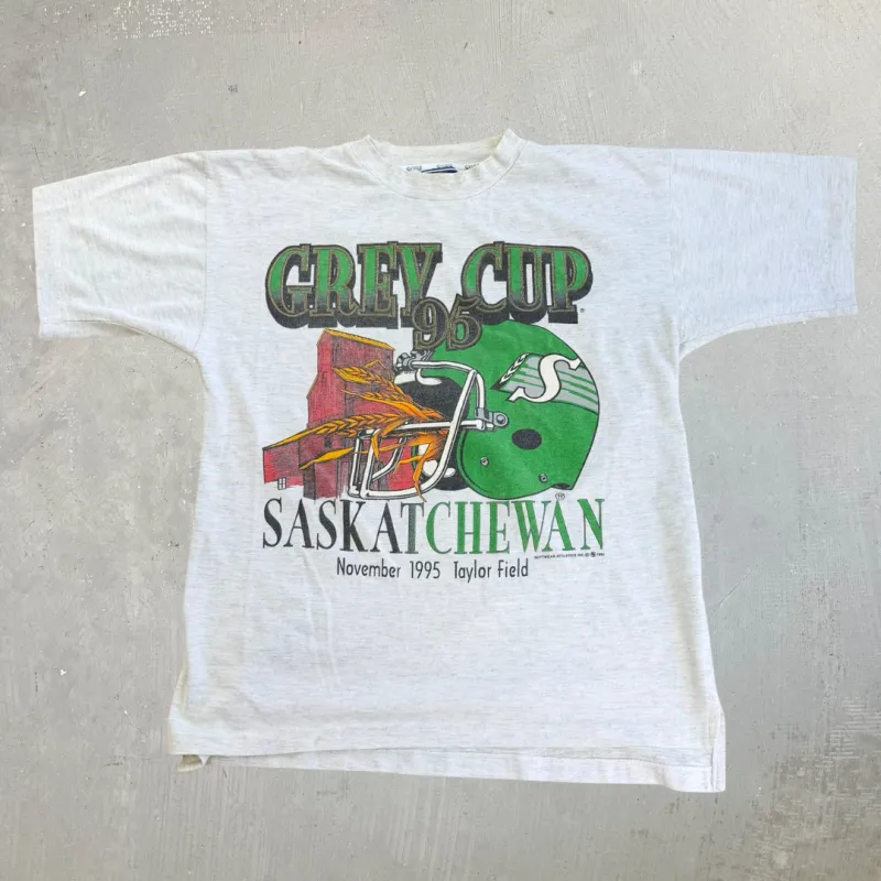 J- Vintage '95 CFL Grey Cup Saskatchewan Graphic Single Stitch Tee - M made by HG Vintage