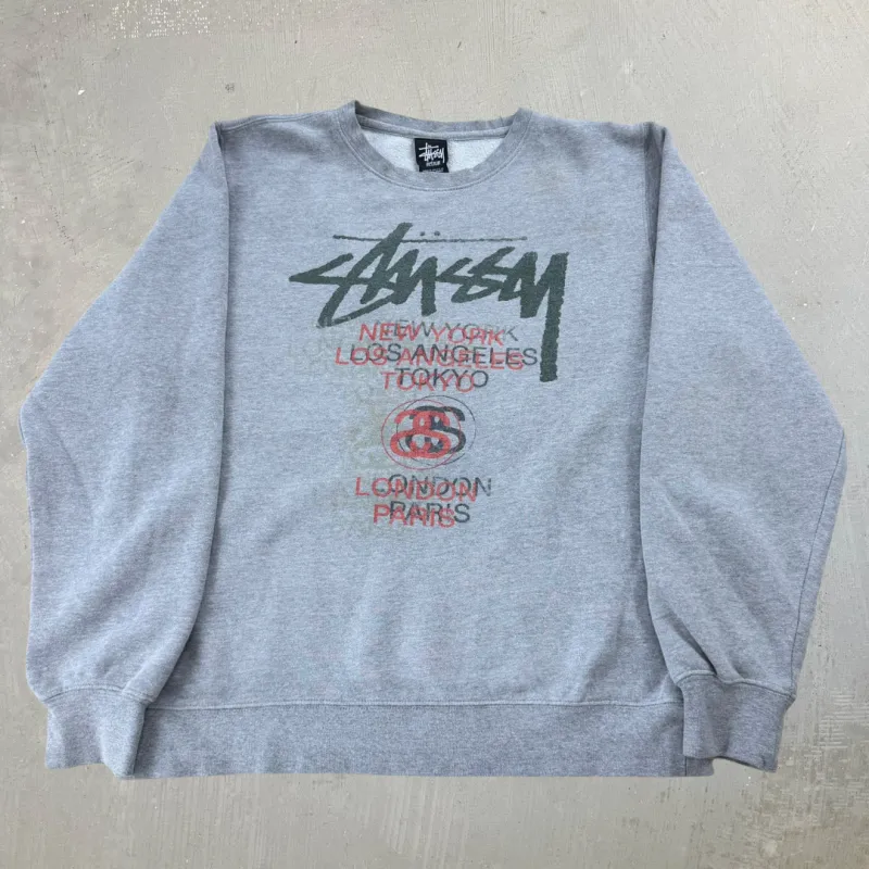 J- Vintage Stussy Cities Color Split Effect Text Made In USA Crewneck - M made by HG Vintage