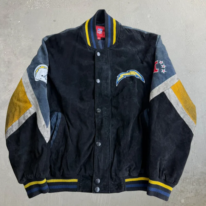J- Vintage San Diego Chargers NFL Embroidered Logo Zip Up Suede Jacket - M made by HG Vintage