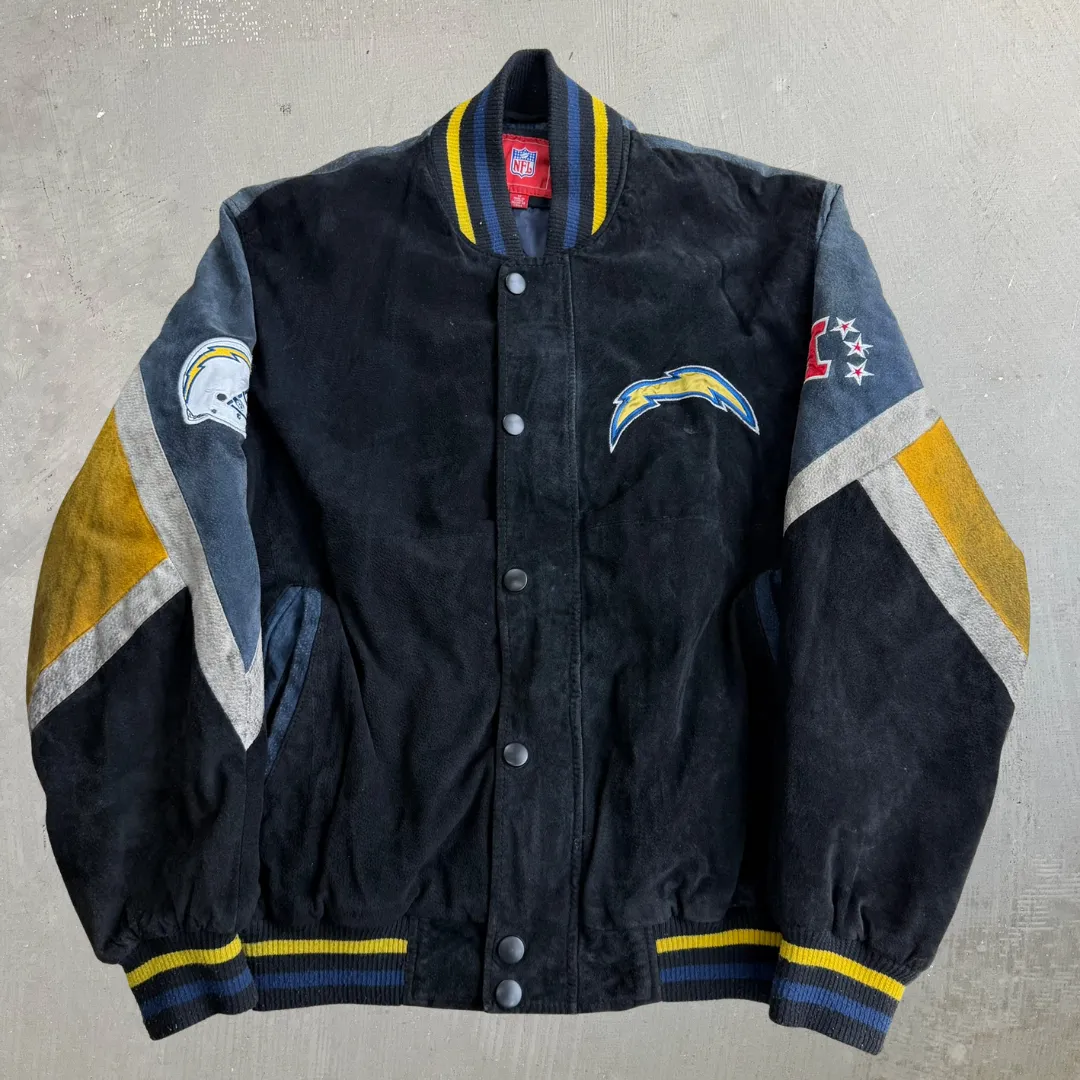 J- Vintage San Diego Chargers NFL Embroidered Logo Zip Up Suede Jacket - M sold by HG Vintage