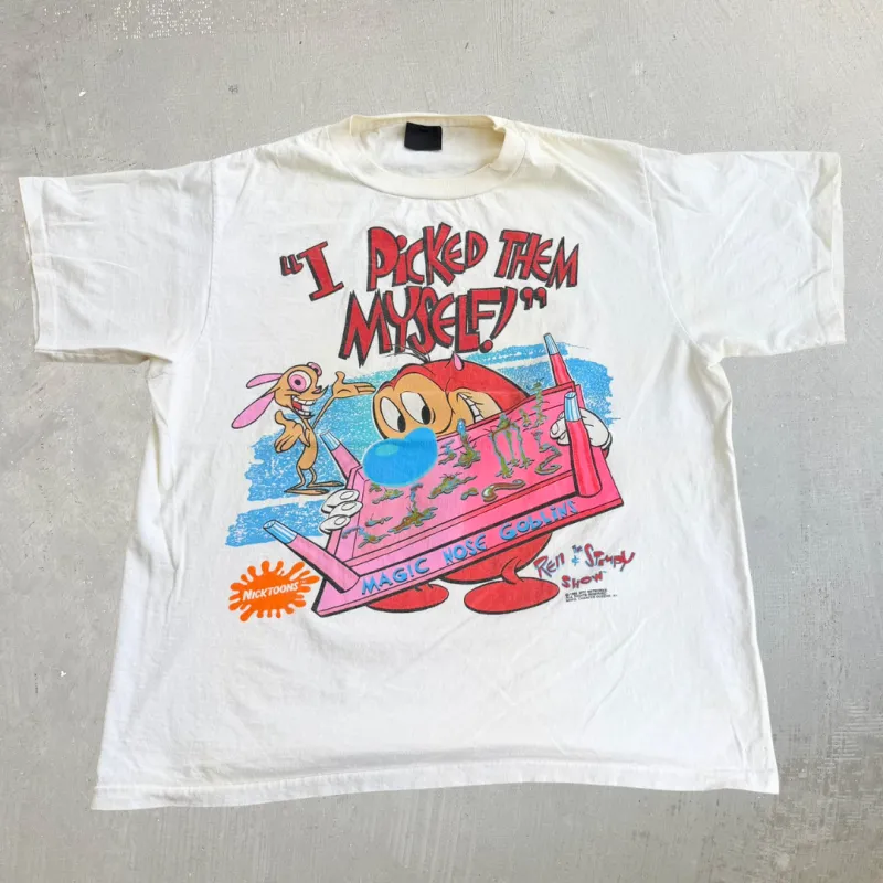 J- Vintage '92 Ren & Stimpy Show Magic Nose Goblins Graphic Single Stitch Tee - L made by HG Vintage