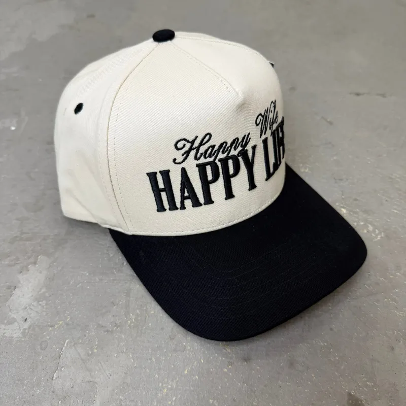 K- Black Happy Wife Happy Life Embroidered Snapback Hat - 35 made by HG Vintage