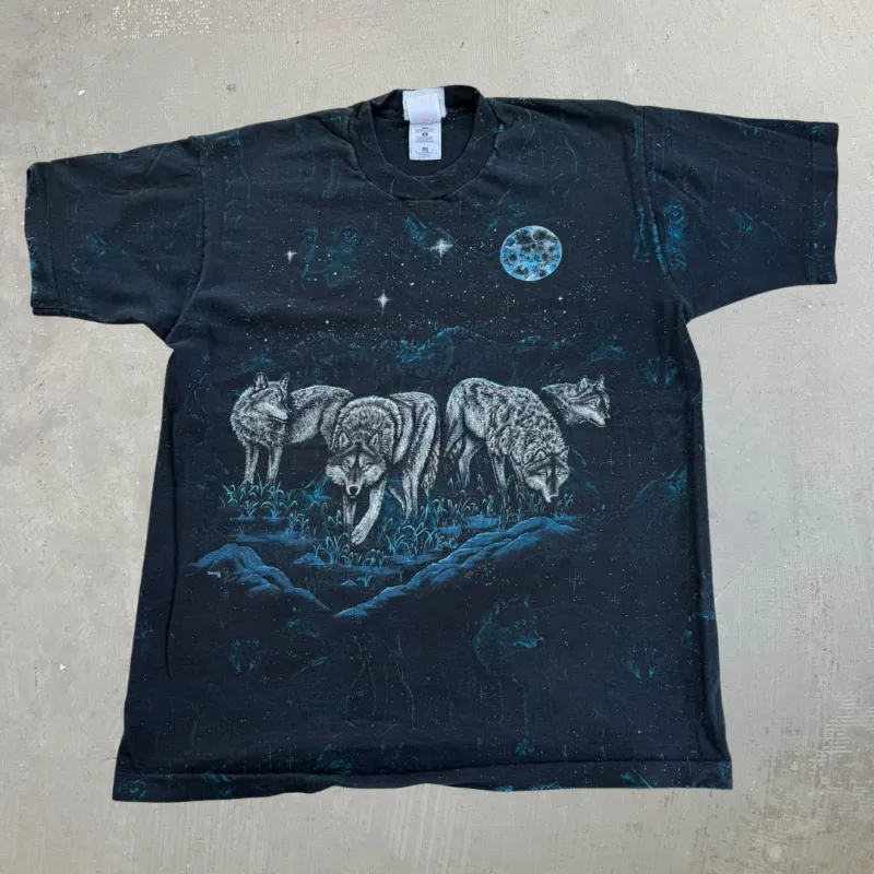 J- Vintage Wolf Pack & Moon All Over Print Graphic Single Stitch Tee - L made by HG Vintage