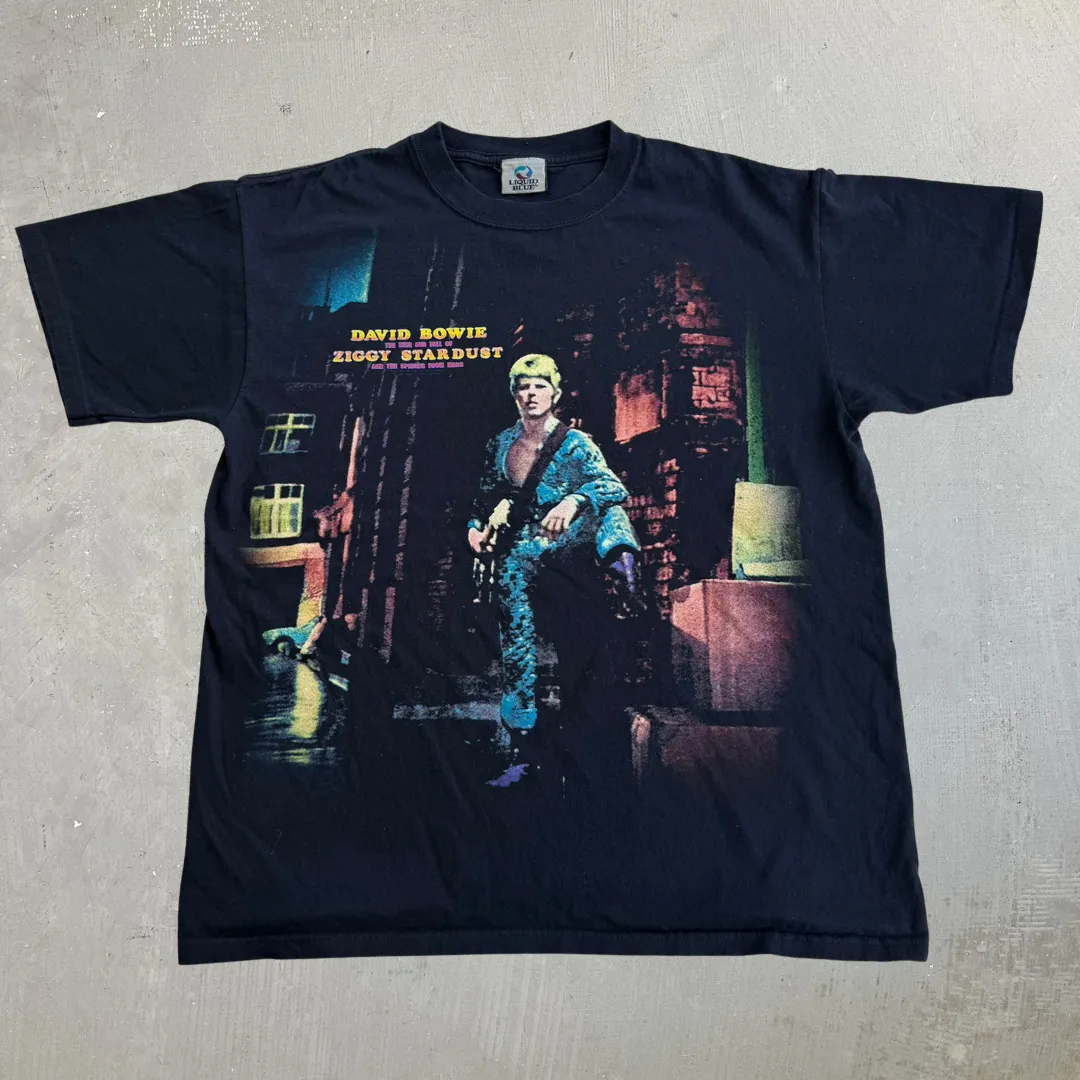 J- Vintage Liquid Blue David Bowie The Rise & Fall Of Ziggy Stardust Graphic Tee - L sold by HG Vintage
