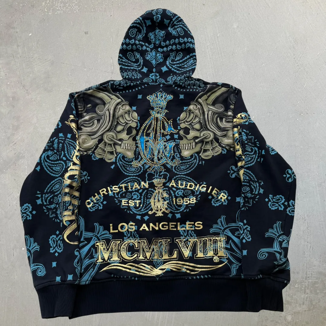 J- Vintage Y2K Christian Audigier Rhinestones Aztec Skull Jumbo Print Zip Up Hoodie - XL sold by HG Vintage product image thumbnail 4