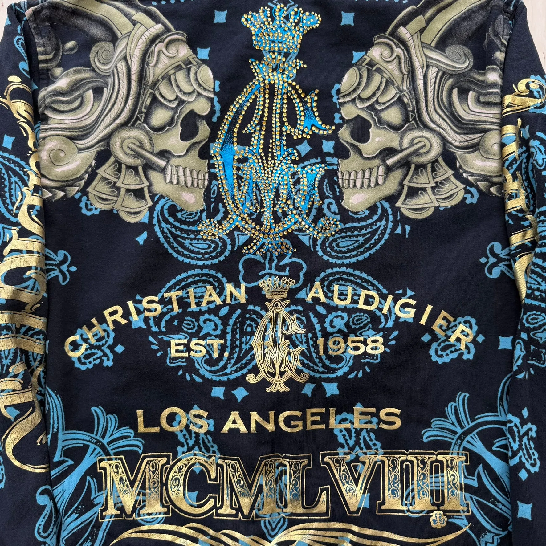 J- Vintage Y2K Christian Audigier Rhinestones Aztec Skull Jumbo Print Zip Up Hoodie - XL sold by HG Vintage product image thumbnail 5