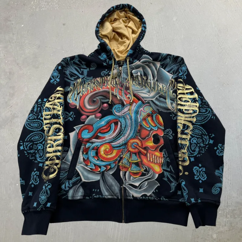 J- Vintage Y2K Christian Audigier Rhinestones Aztec Skull Jumbo Print Zip Up Hoodie - XL made by HG Vintage