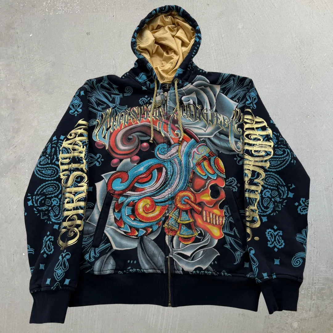 J- Vintage Y2K Christian Audigier Rhinestones Aztec Skull Jumbo Print Zip Up Hoodie - XL sold by HG Vintage