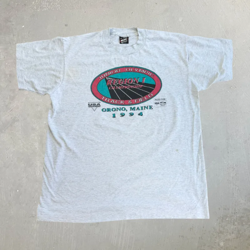J- Vintage '94 Orono Maine Junior Olympic Track & Field Graphic Made In USA Single Stitch Tee - L made by HG Vintage