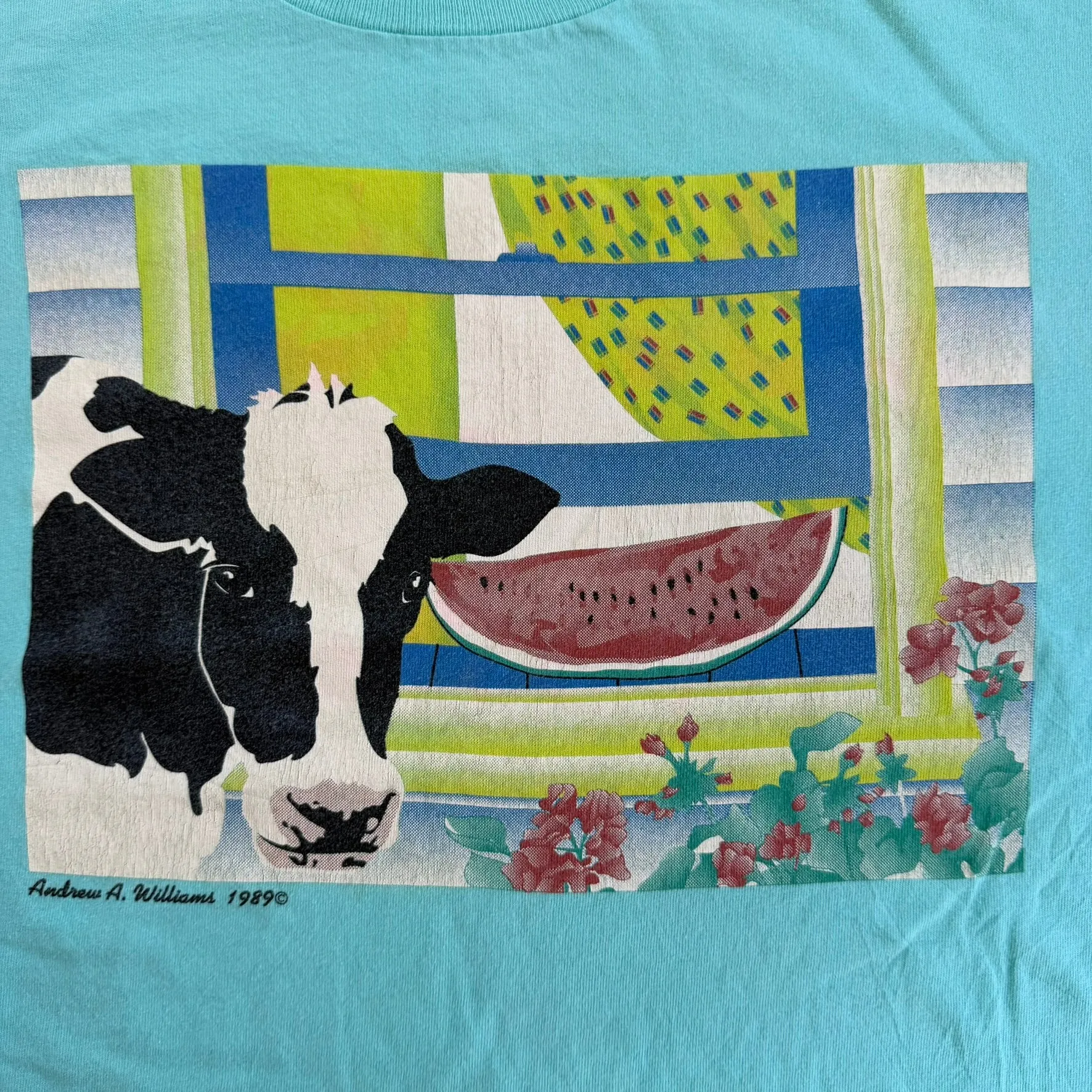 J- Vintage '89 Andrew Williams Cow & Watermelon Graphic Single Stitch Tee - L sold by HG Vintage product image thumbnail 2