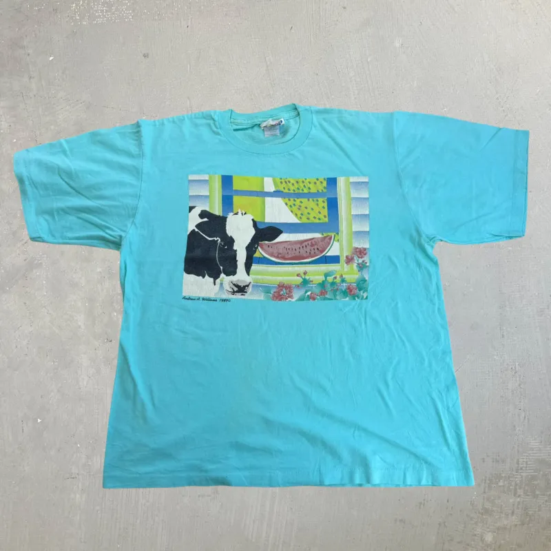 J- Vintage '89 Andrew Williams Cow & Watermelon Graphic Single Stitch Tee - L made by HG Vintage