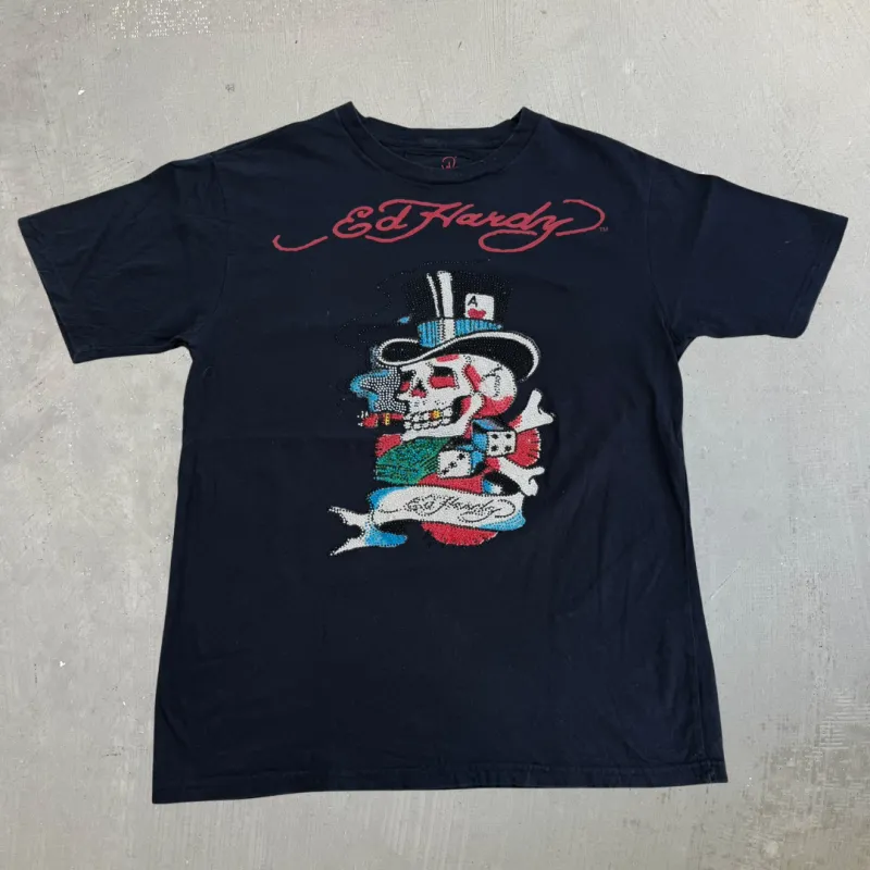 J- Vintage Ed Hardy Rhinestone Skeleton & Dices Graphic Tee - XL made by HG Vintage