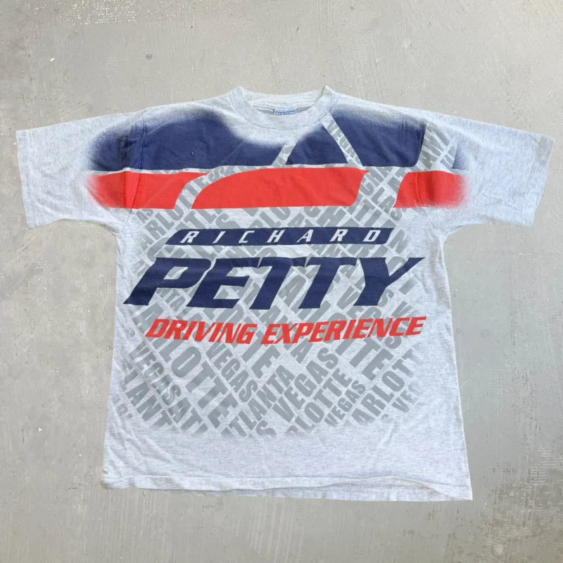 J- Vintage 90s Richard Petty Driving Experience All Over Print Made In USA Single Stitch Tee - L made by Nascar