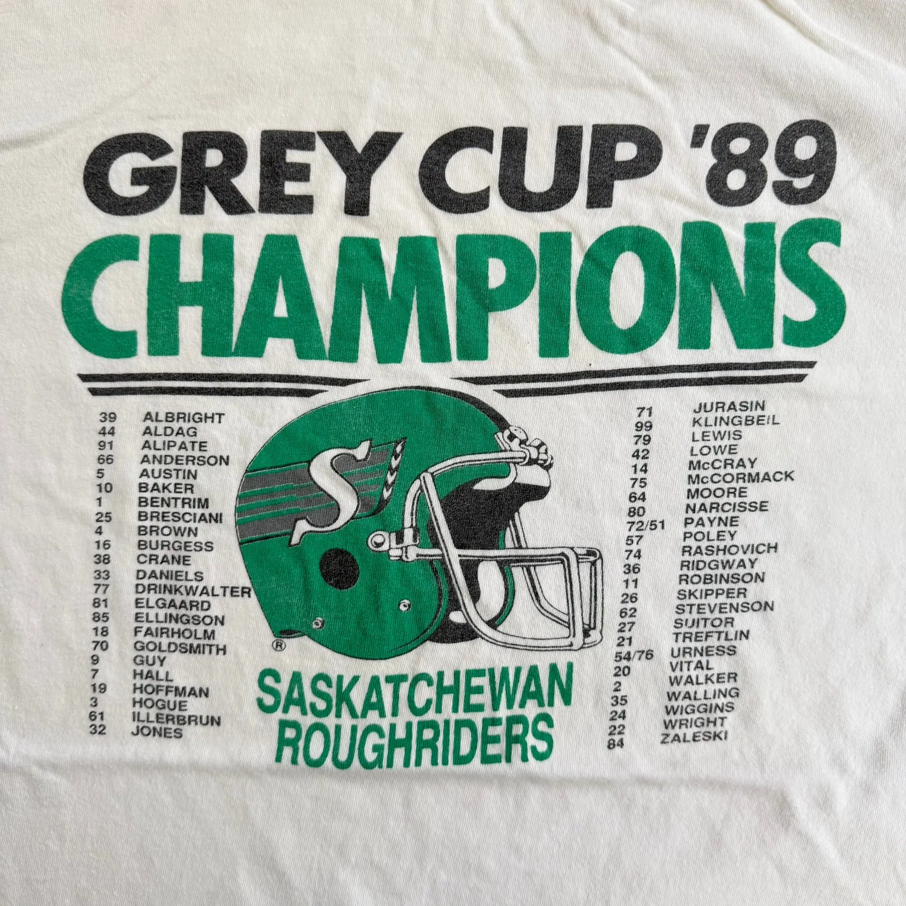 J- Vintage '89 Saskatchewan Roughriders CFL Grey Cup Champions Roster Graphic Single Stitch Tee - L sold by HG Vintage product image thumbnail 2
