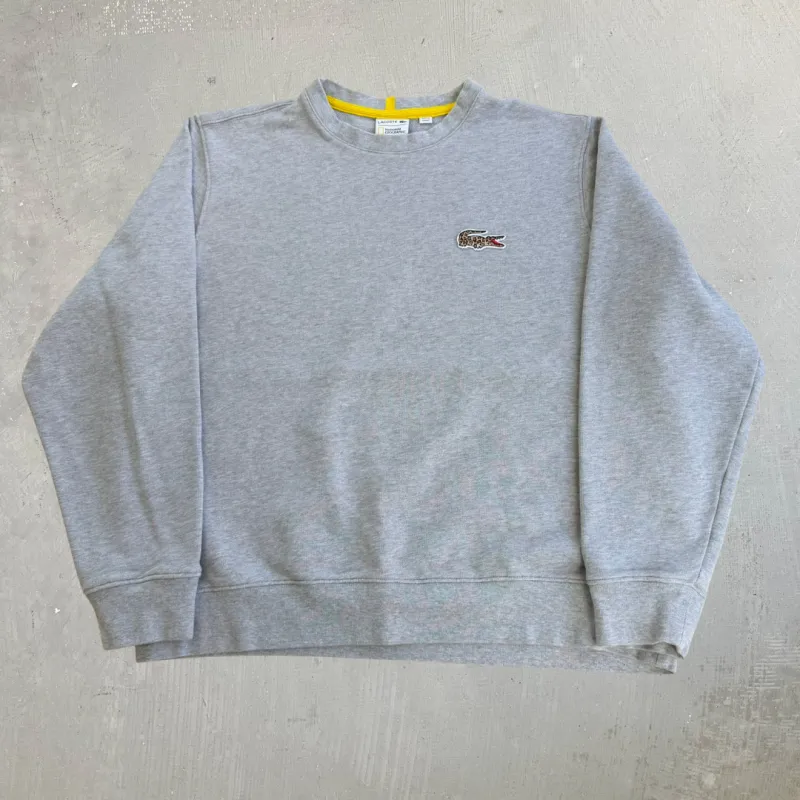 J- Lacoste National Geographic Embroidered Leopard Print Crocodile Logo Crewneck - 2XL made by HG Vintage