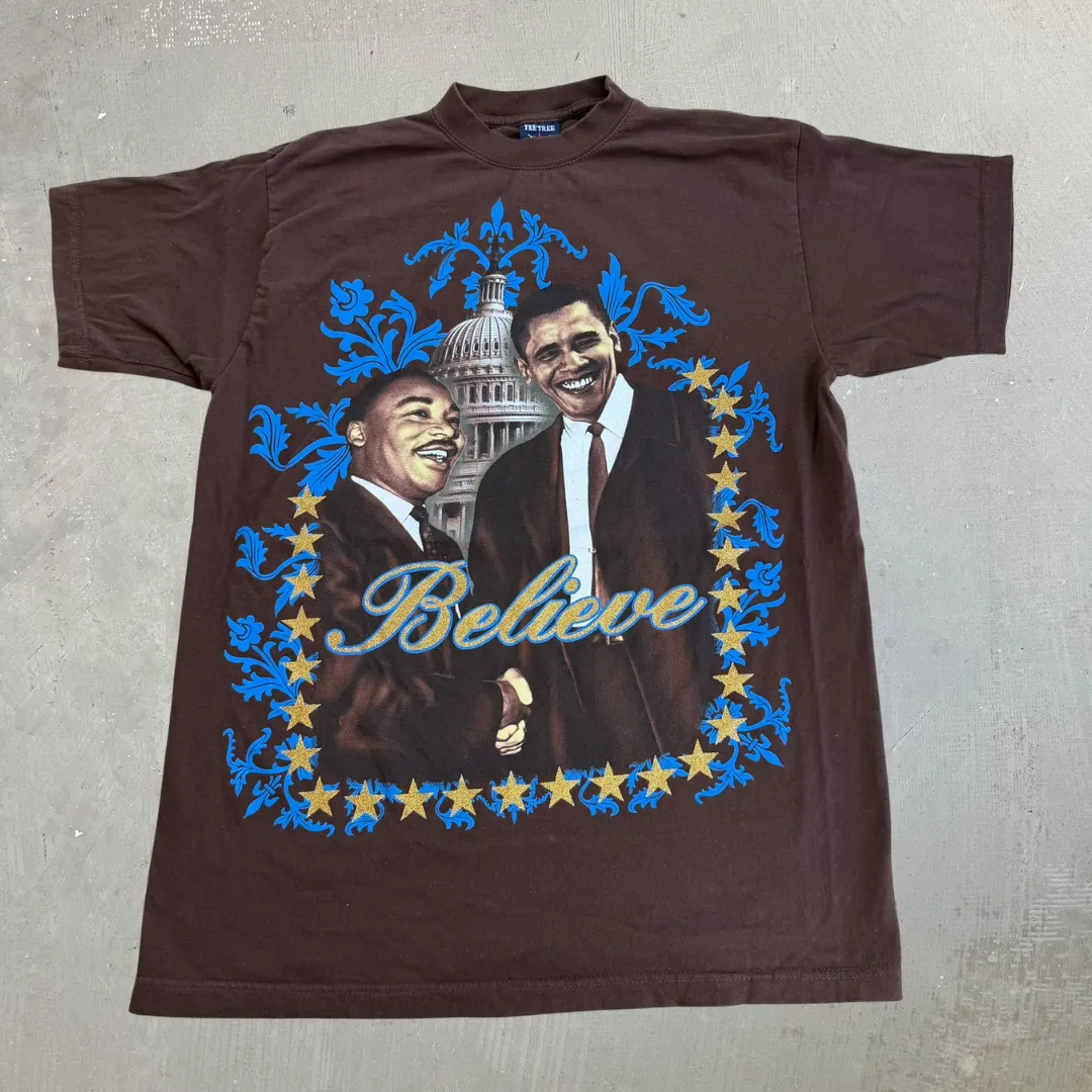 J- Vintage MLK & Obama Believe Text & Graphic Tee - L (fits XL) sold by HG Vintage