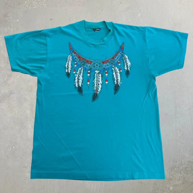 J- Vintage Pearls & Feather Necklace Graphic Single Stitch Tee - L made by HG Vintage