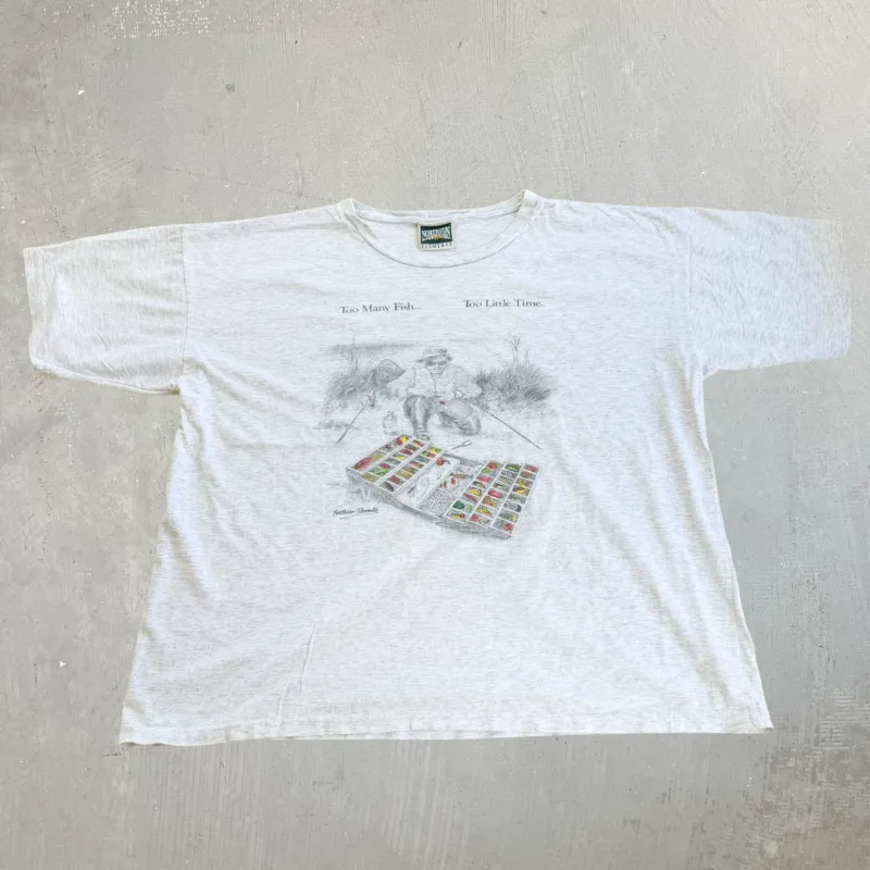 J- Vintage Northern Elements Too Many Fish Too Little Time Graphic Single Stitch Tee - XL made by HG Vintage