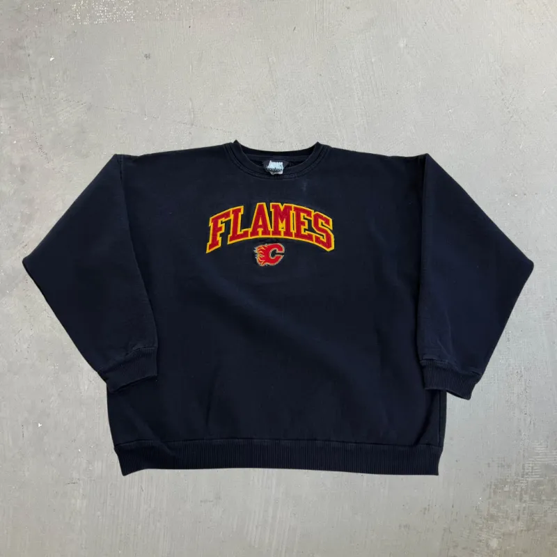 J- Vintage Calgary Flames Embroidered Logo & Text Crewneck - XL made by HG Vintage