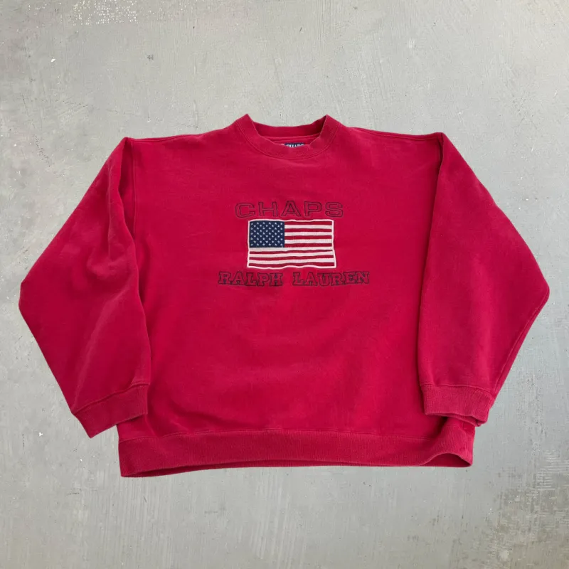 J- Vintage Ralph Lauren Chaps Embroidered US Flag & Text Crewneck - M made by HG Vintage