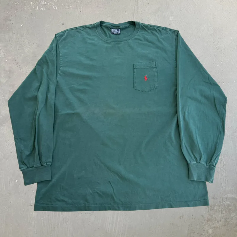 J- Vintage Polo RL Embroidered Logo Made In USA Single Stitch Pocket Long Sleeve Tee - L made by HG Vintage