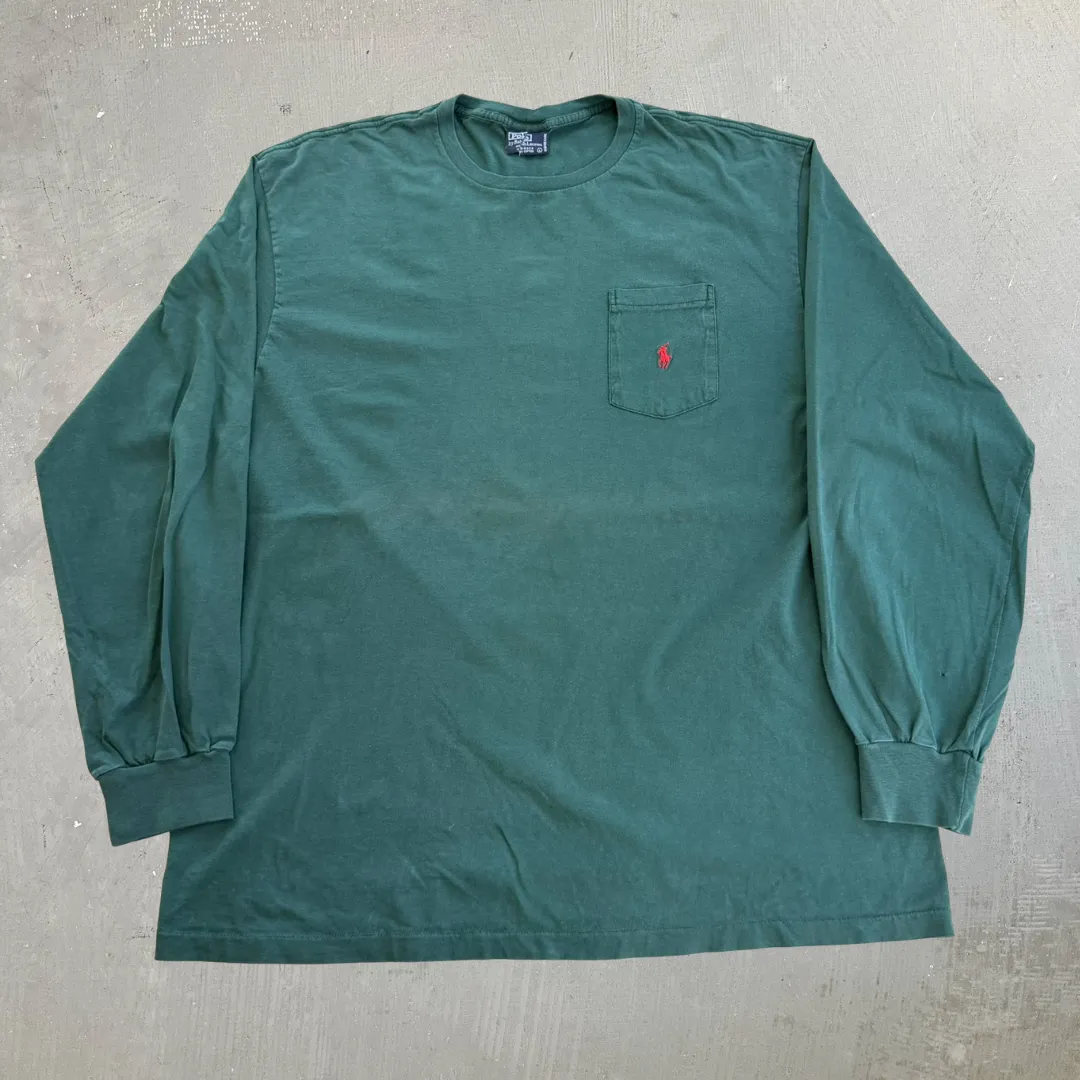 J- Vintage Polo RL Embroidered Logo Made In USA Single Stitch Pocket Long Sleeve Tee - L sold by HG Vintage