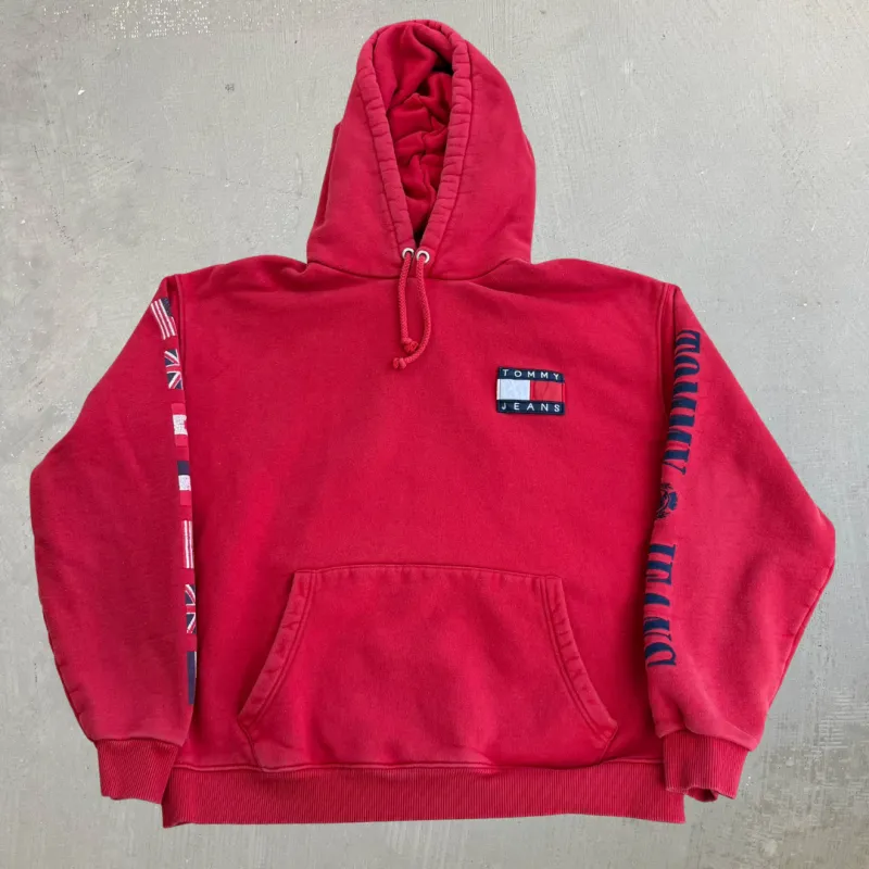 J- Vintage 90s Tommy Hilfiger Jeans Embroidered Text & Logo Hoodie - L made by HG Vintage
