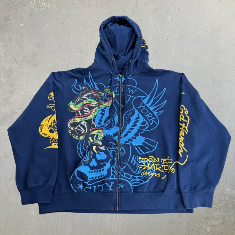 J- Vintage Ed Hardy New York Snake & Panther & Dog With Crown Jumbo Print Zip Up Hoodie - 2XL made by HG Vintage