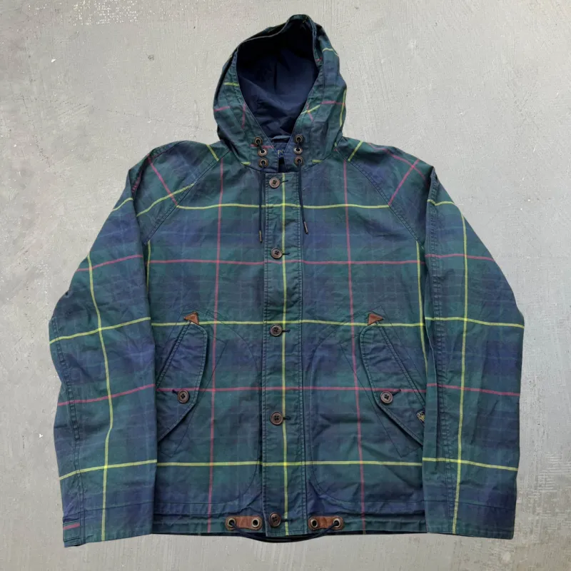 J- Vintage 90s Polo RL Co. All Over Plaid Hooded Rain Jacket - M made by HG Vintage