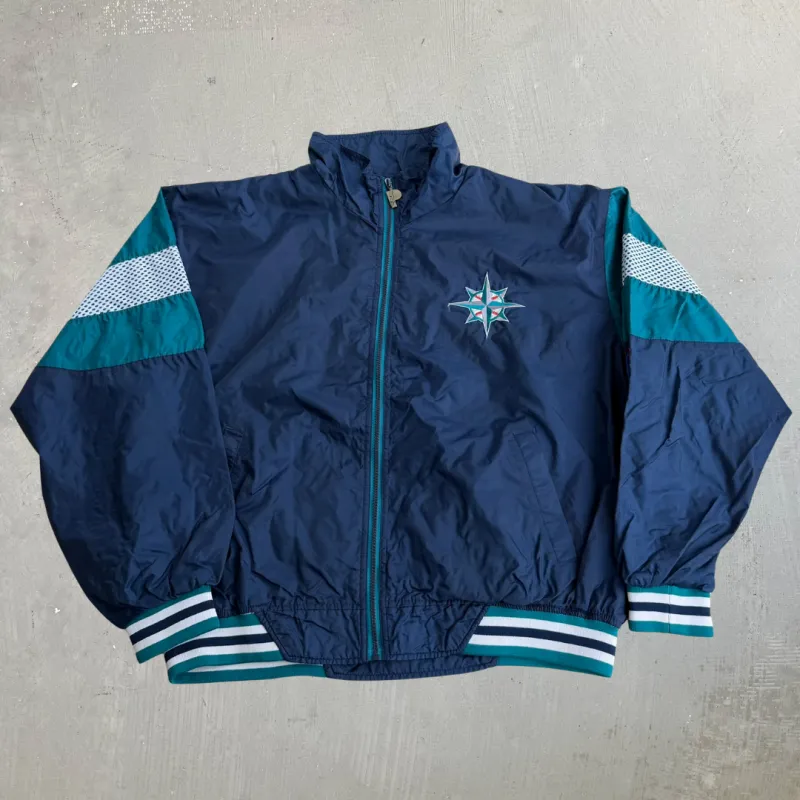 J- Vintage 90s Seattle Mariners MLB Pro Player Tag Embroidered Logo Zip Up Lightweight Jacket - XL made by HG Vintage