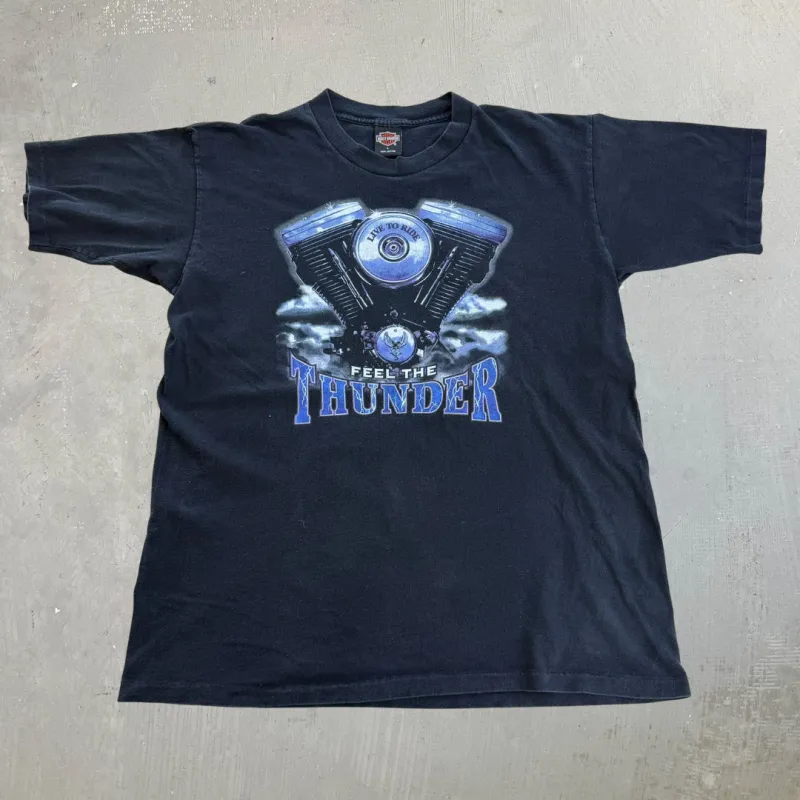 J- Vintage '95 Harley Davidson Lafayette Ville Feel The Thunder Graphic Made In USA Single Stitch Tee - L made by Harley-Davidson