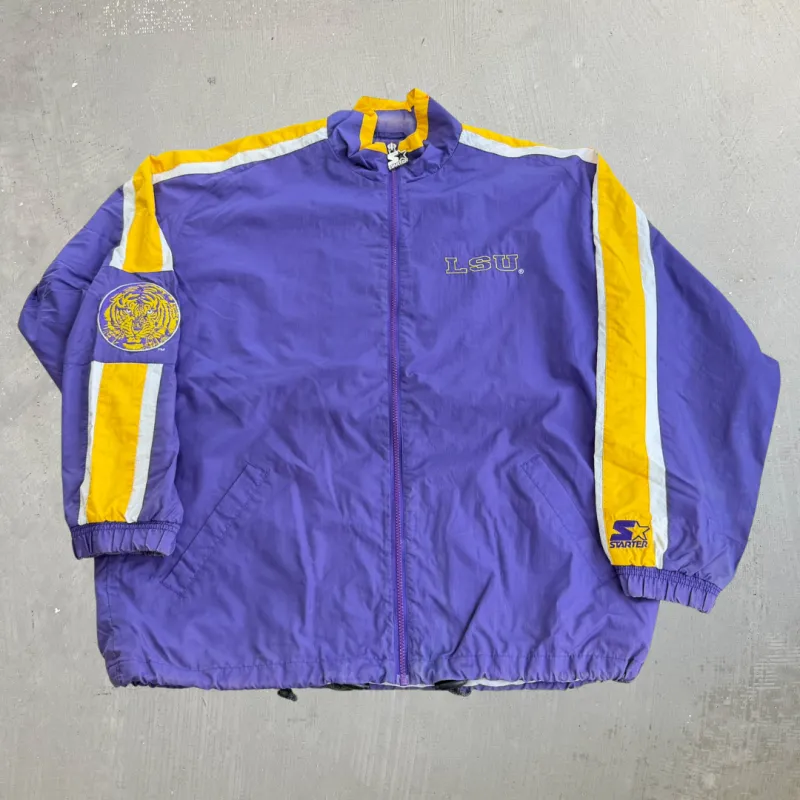 J- Vintage Louisiana State University Tigers Starter Embroidered Text & Logo Lightweight Zip Up Jacket - L made by HG Vintage