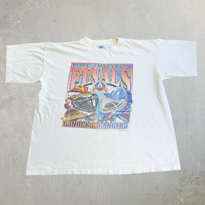 J- Vintage '94 NHL Stanley Cup Finals Canucks Vs Rangers Graphic Single Stitch Tee - XL made by HG Vintage