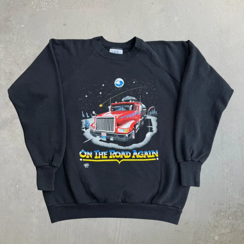 J- Vintage '90 Truckin' On Girard Ohio On The Road Again Graphic & Text Made In USA Crewneck - L made by Harley-Davidson
